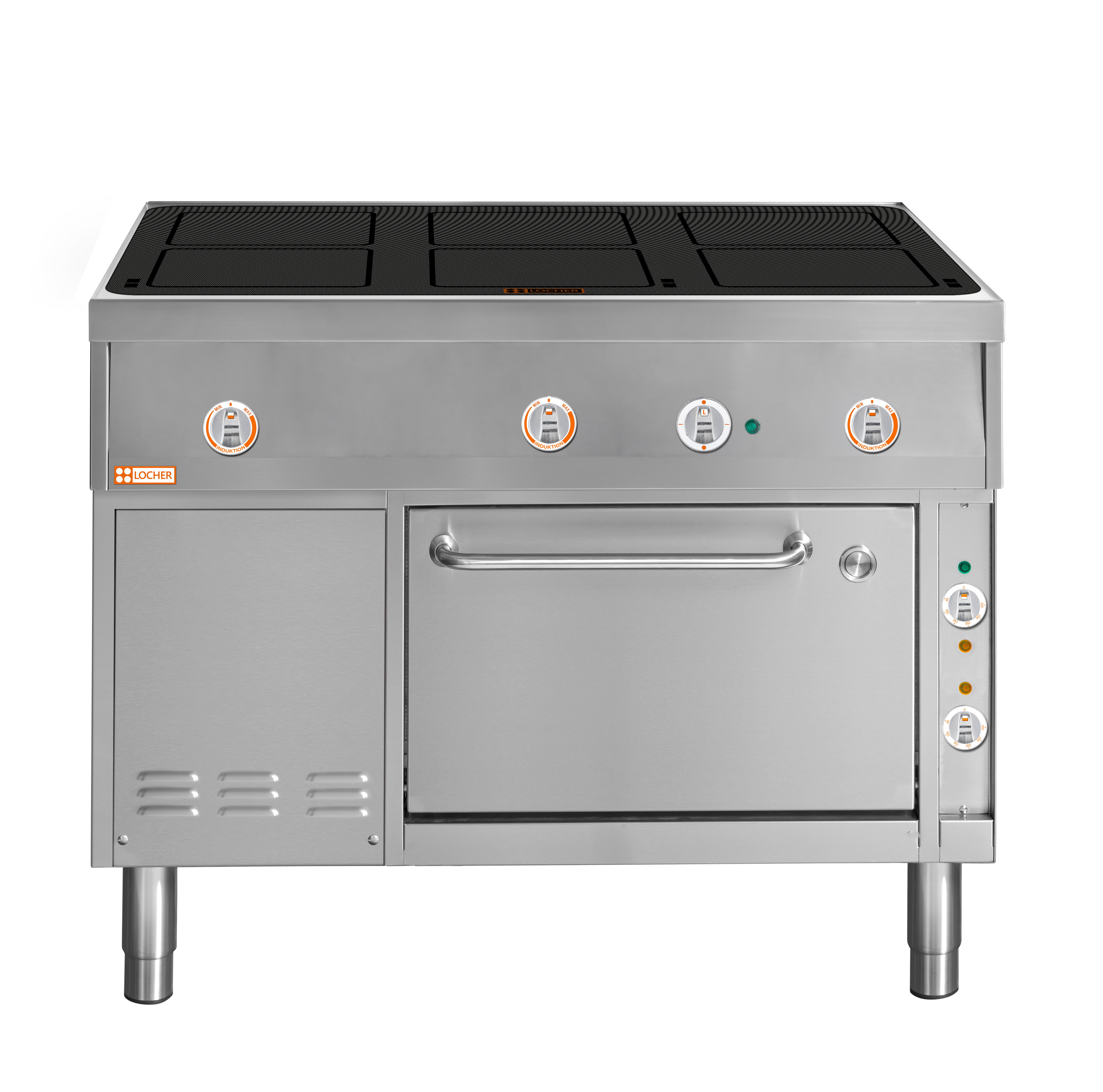 Locher Induktionsherd Stand 900B, 6 Kochstellen à 5 kW mit Bratofen GN 2/1, Ausführung DG
