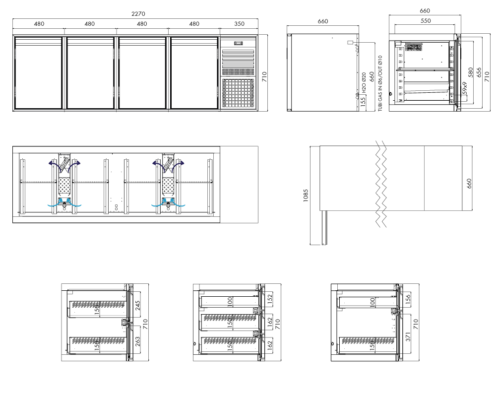 Kühlunterbau GN Premium, 4 Türen, H 710 mm, steckerfertig – technische Zeichnung