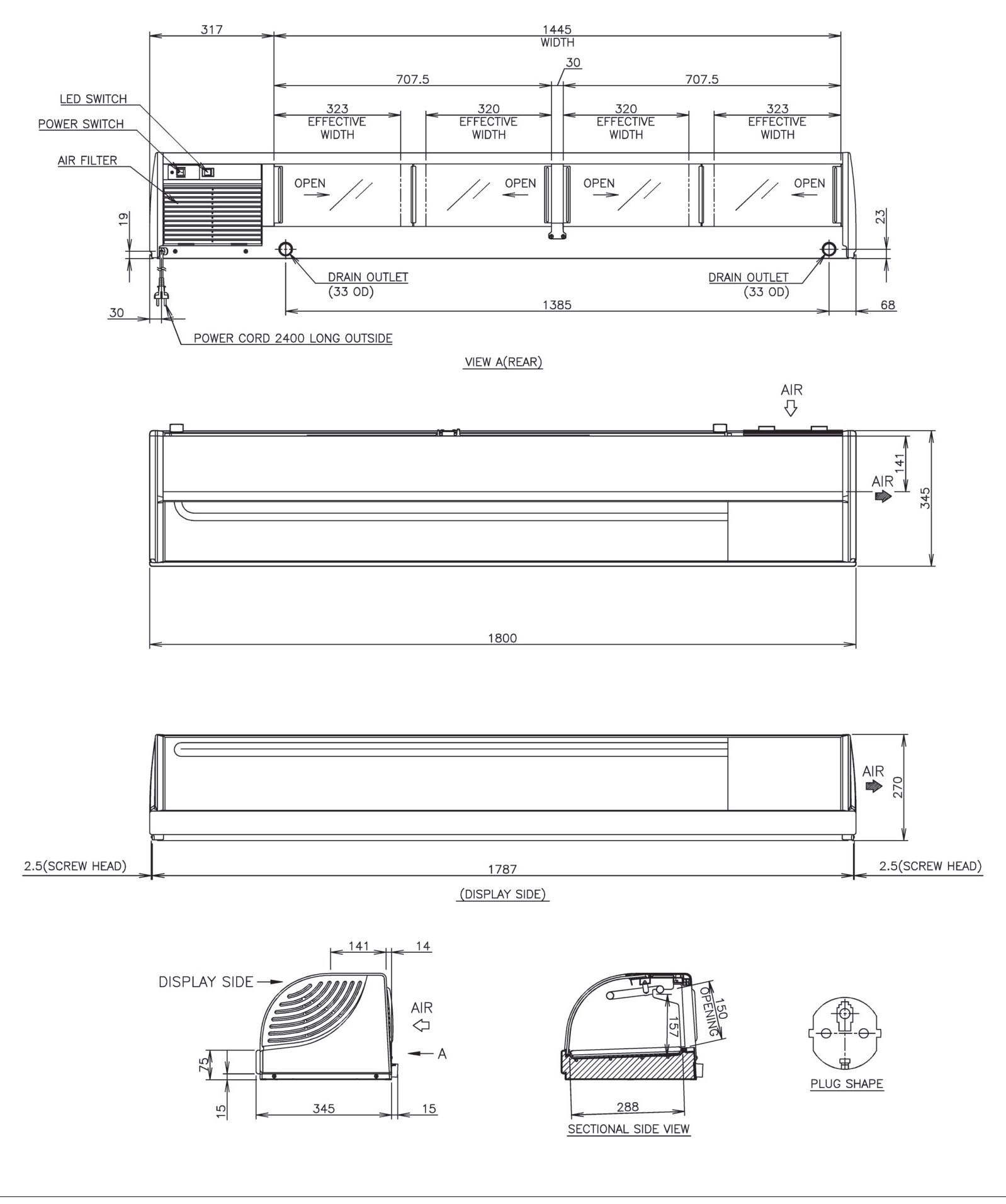 Sushi-Schauvitrine HOSHIZAKI HNC-180BE-R-BLH, 1800 mm breit, LED, Maschinenfach rechts