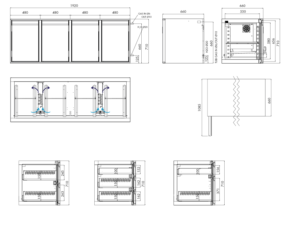 Tiefkühlunterbau GN Premium, 4 Türen, H 710 mm, ohne I-Fach – technische Zeichnung