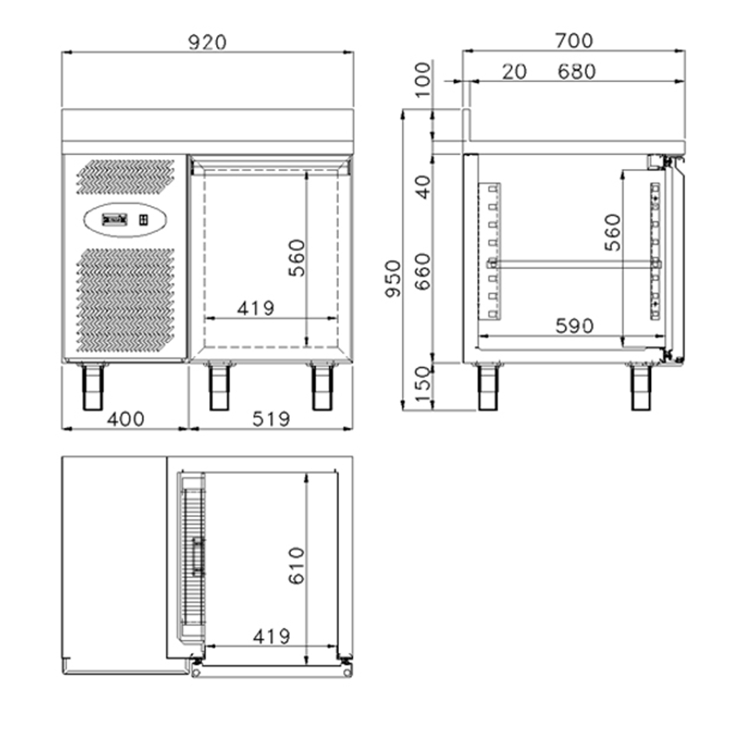 Technische Zeichnung zu Kühltisch DAIQUIRI Top Line GN 1/1, B 920  x T 700 x H 850+100 mm, 1 Kühlfach, Arbeitsplatte mit Aufkantung