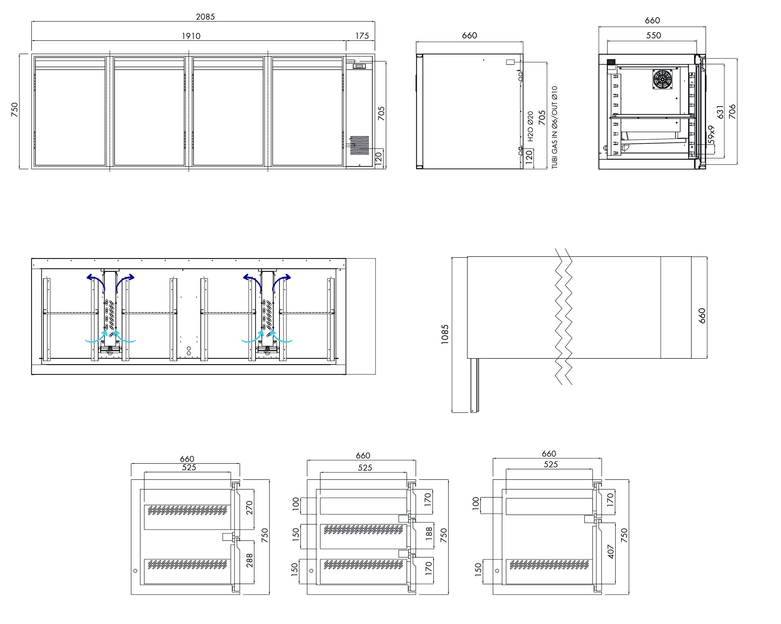 Tiefkühlunterbau GN Premium, 4 Türen, H 750 mm, zentralgekühlt – technische Zeichnung