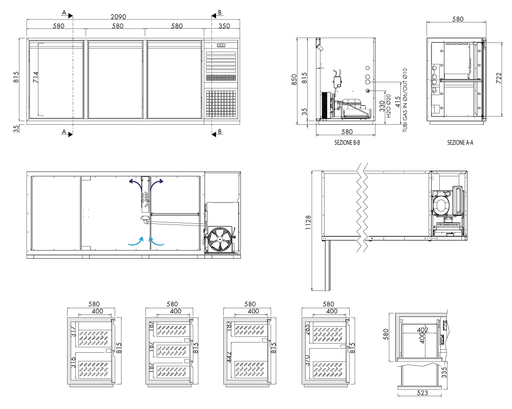 Getränkekühltisch AT, 3 Türen, H 815 × T 580 mm, steckerfertig – technische Zeichnung