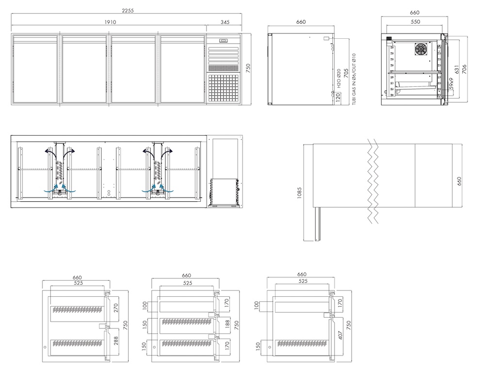 Tiefkühlunterbau GN Premium, 4 Türen, H 750 mm, steckerfertig – technische Zeichnung