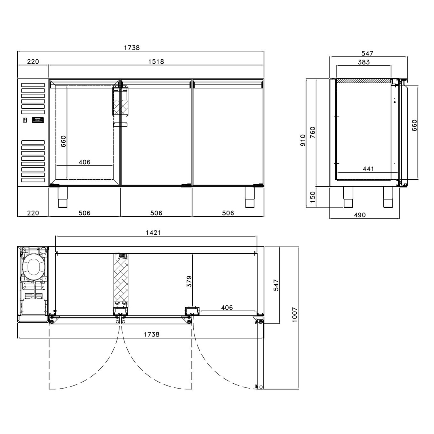 Technische Zeichnung zu Kühltisch DAIQUIRI SMART Basic Line, B 1738  x T 550 x H 910 mm, 3 Kühlfächer, ohne Arbeitsplatte