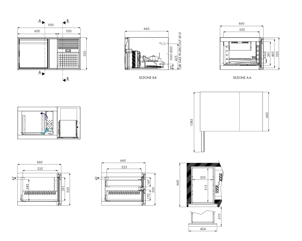 Tiefkühlunterbau GN Premium, 1 Tür, H 520 mm, steckerfertig – technische Zeichnung