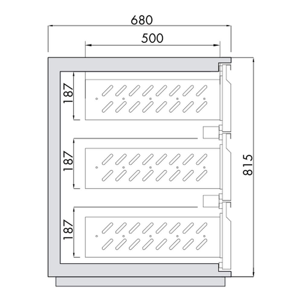 Ladenmodul Getränkekühltisch AT, Teilung 1/3 - 1/3 - 1/3, 1 Tür, Tiefe 680 mm