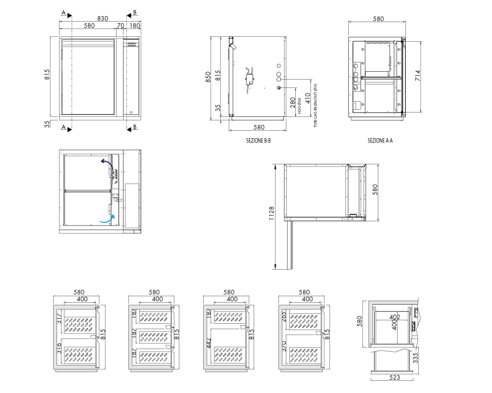 Getränkekühltisch AT, 1 Tür, H 815 × T 580 mm, zentralgekühlt – technische Zeichnung