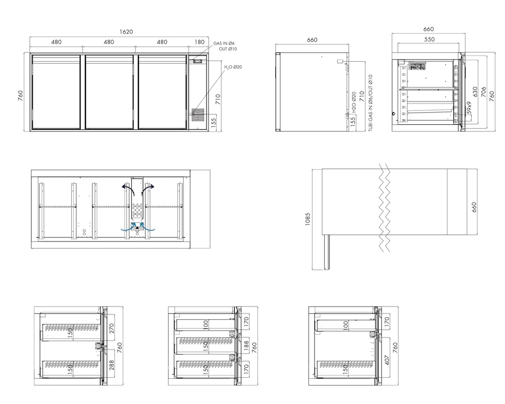 Kühlunterbau GN Premium, 3 Türen, H 760 mm, zentralgekühlt – technische Zeichnung