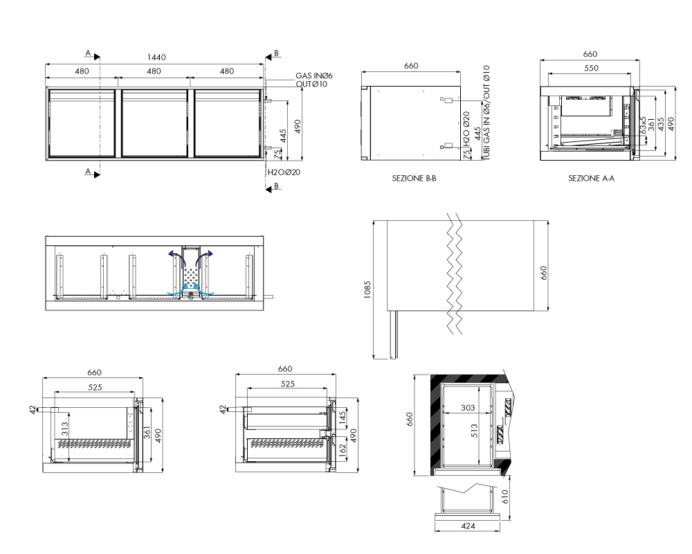 Tiefkühlunterbau GN Premium, 3 Türen, H 490 mm, ohne I-Fach – technische Zeichnung