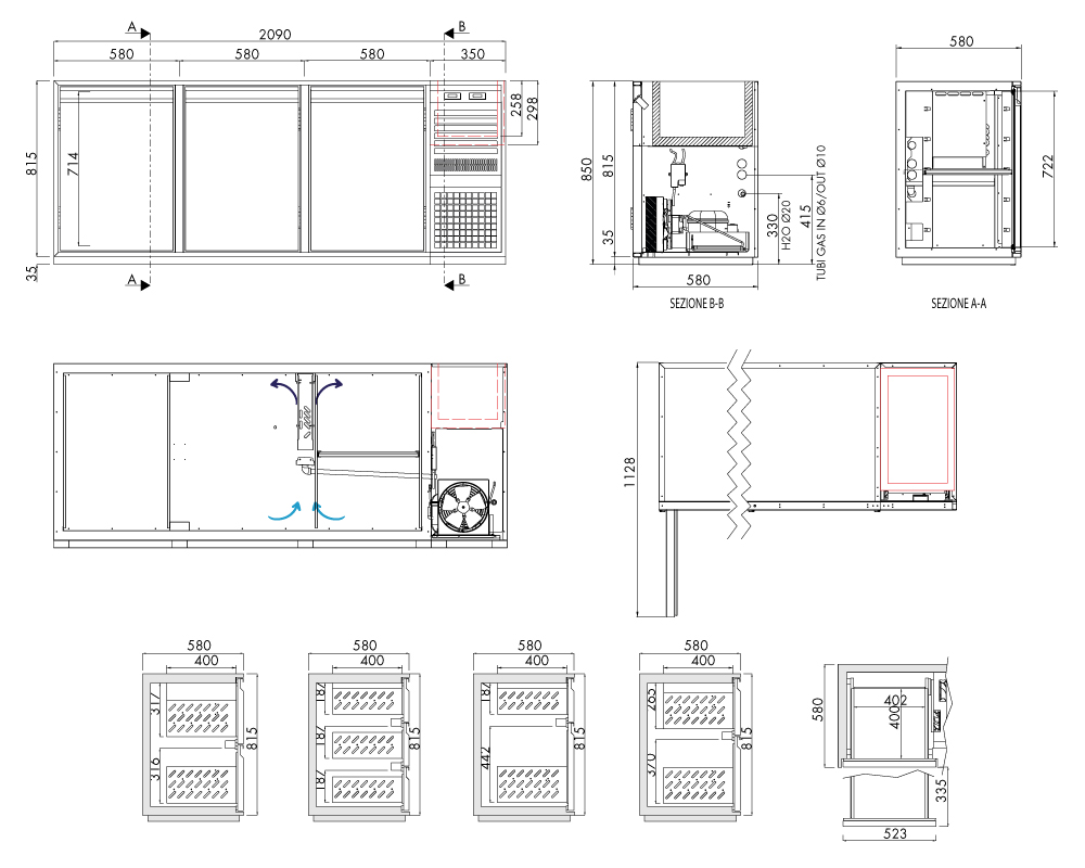 Getränkekühltisch AT, 3 Türen, H 815 × T 580 mm, steckerfertig, mit Flaschenkühlwanne FK6 (460 × 340 × 300 mm) separat gesteuert – technische Zeichnung