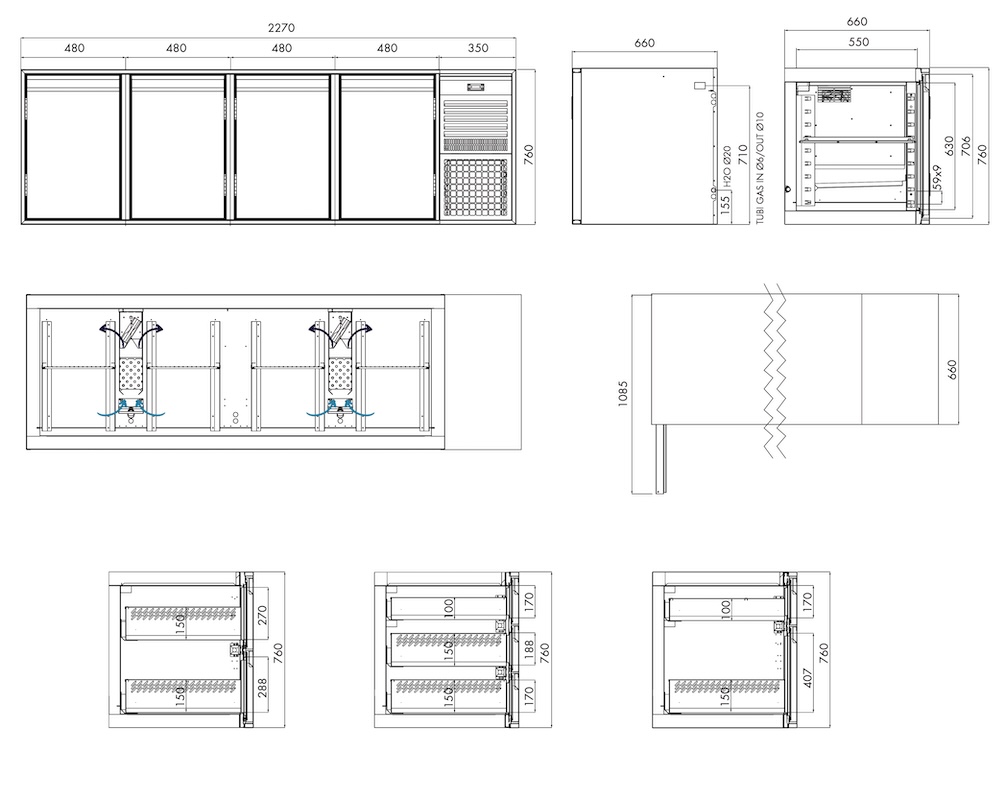Kühlunterbau GN Premium, 4 Türen, H 760 mm, steckerfertig – technische Zeichnung