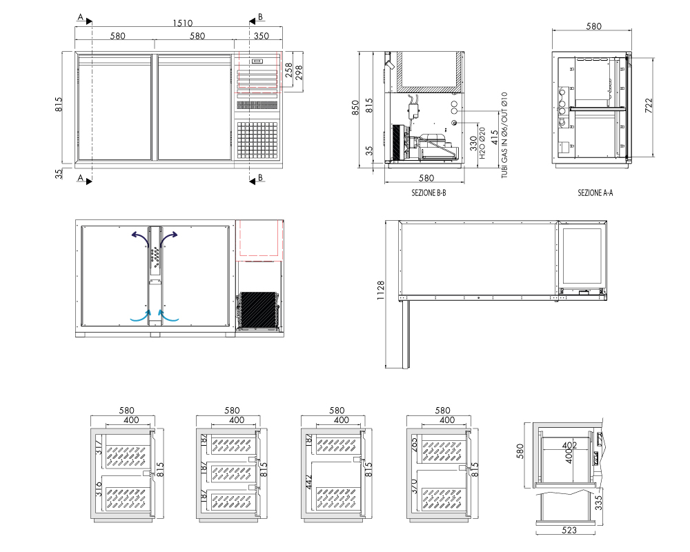 Getränkekühltisch AT, 2 Türen, H 815 × T 580 mm, steckerfertig, mit Flaschenkühlwanne FK6 (460 × 340 × 300 mm) mitgesteuert – technische Zeichnung