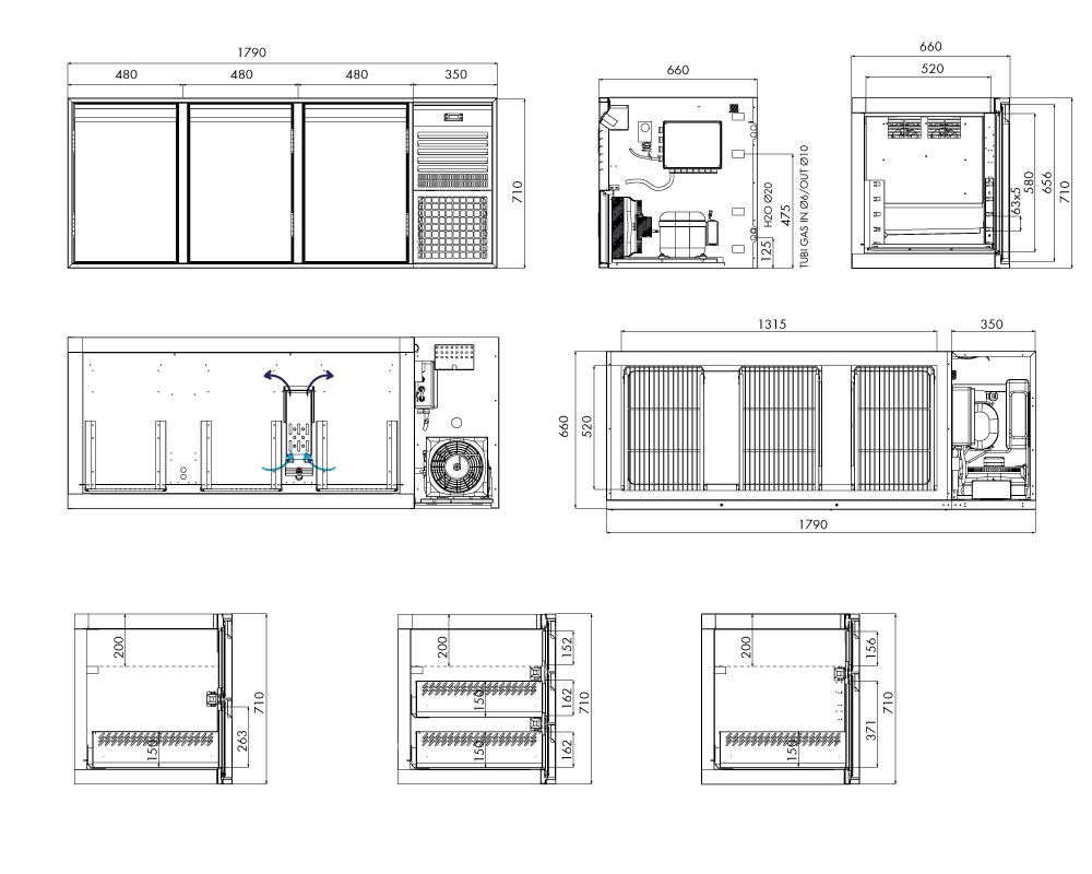 Saladette GN Premium, 3 Türen, H 700 mm, steckerfertig – technische Zeichnung