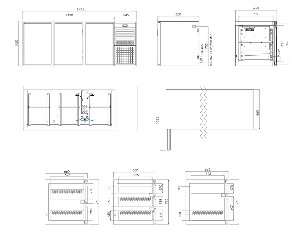 Kühlunterbau GN Premium, 3 Türen, H 750 mm, steckerfertig – technische Zeichnung