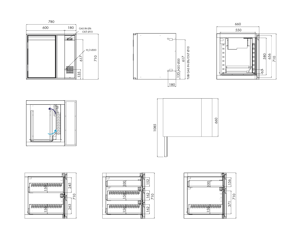 Tiefkühlunterbau GN Premium, 1 Tür, H 710 mm, zentralgekühlt – technische Zeichnung