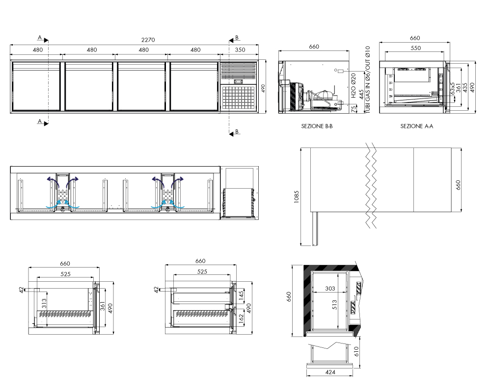 Tiefkühlunterbau GN Premium, 4 Türen, H 490 mm, steckerfertig – technische Zeichnung
