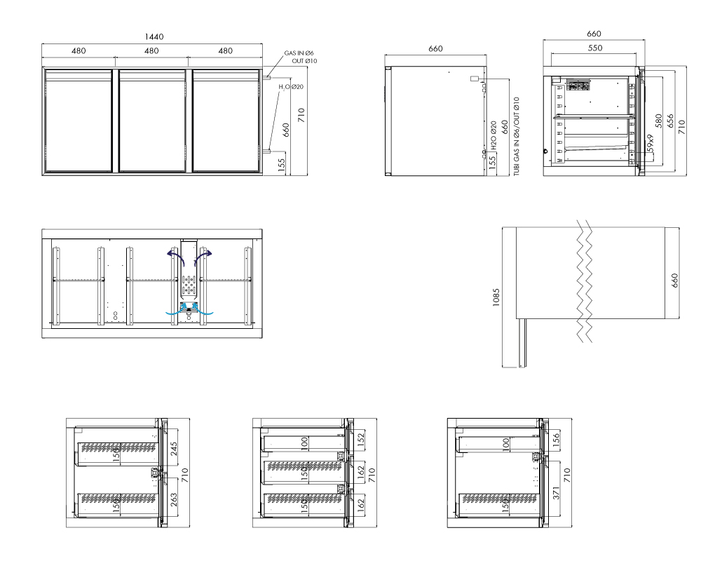 Kühlunterbau GN Premium, 3 Türen, H 710 mm, ohne I-Fach – technische Zeichnung