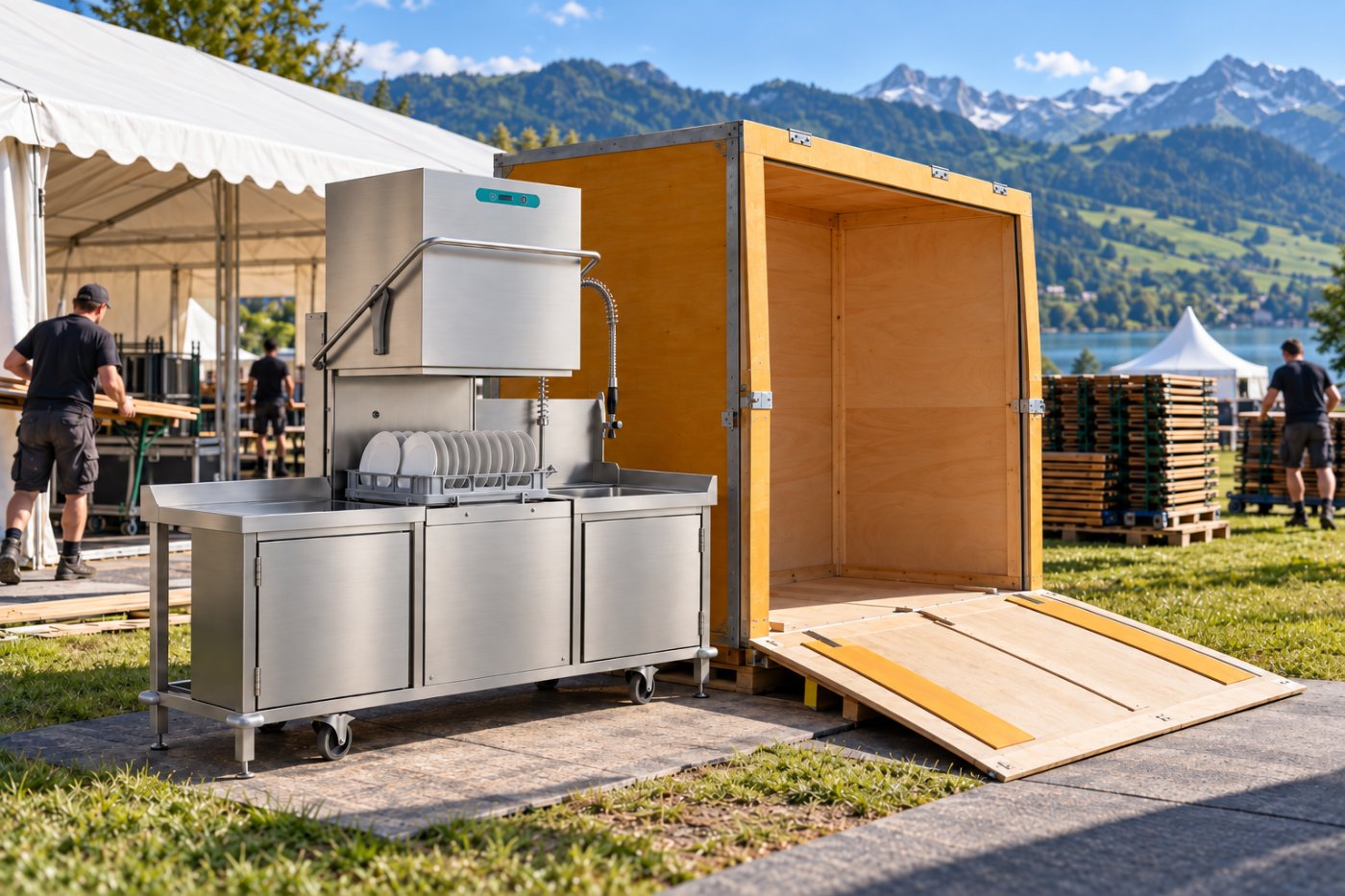 Autarkes Spülmobil mit Transportkiste vor einem Eventzelt