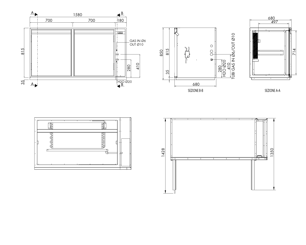 Fasskühltisch AT, 2 Fächer, H 815 × T 680 mm, zentralgekühlt – technische Zeichnung