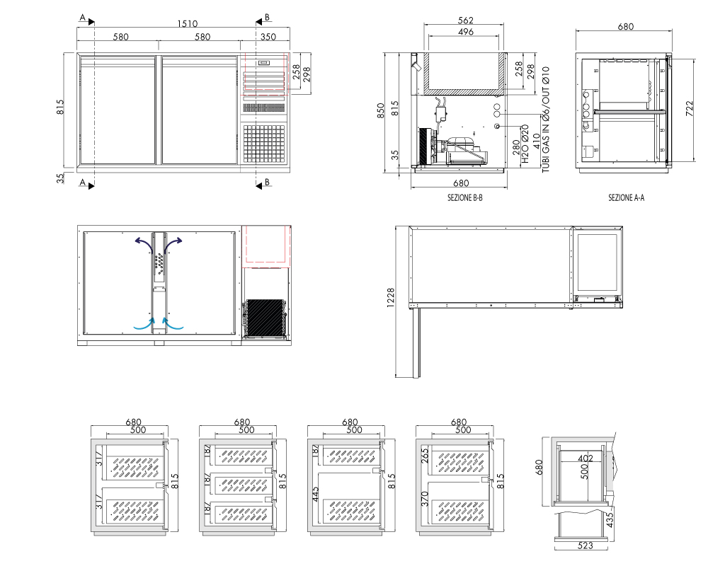 Getränkekühltisch AT, 2 Türen, H 815 × T 680 mm, steckerfertig, mit Flaschenkühlwanne FK8 (560 × 340 × 300 mm) mitgesteuert – technische Zeichnung