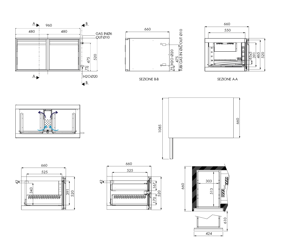 Tiefkühlunterbau GN Premium, 2 Türen, H 520 mm, ohne I-Fach – technische Zeichnung