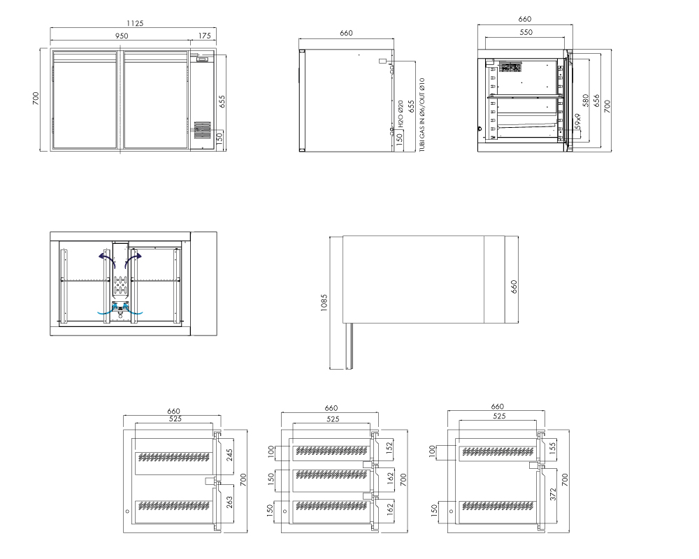 Kühlunterbau GN Premium, 2 Türen, H 700 mm, zentralgekühlt – technische Zeichnung