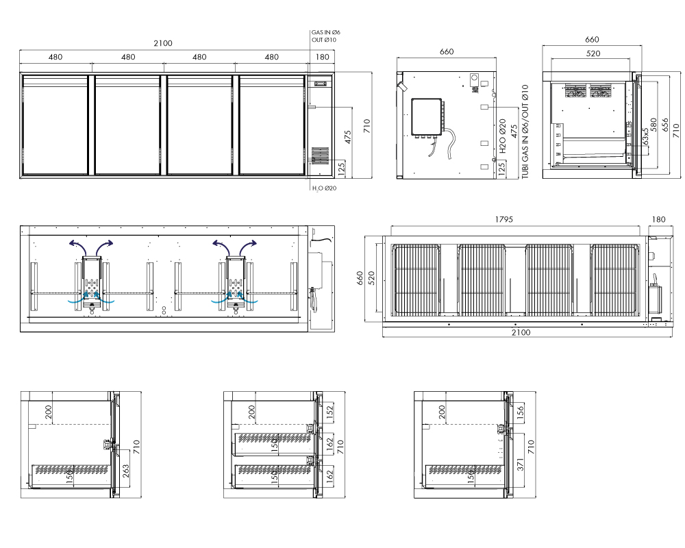 Saladette GN Premium, 4 Türen, H 700 mm, zentralgekühlt – technische Zeichnung