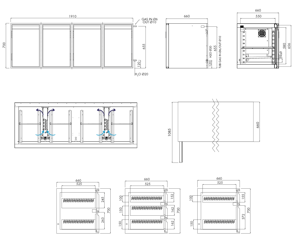 Tiefkühlunterbau GN Premium, 4 Türen, H 700 mm, ohne I-Fach – technische Zeichnung