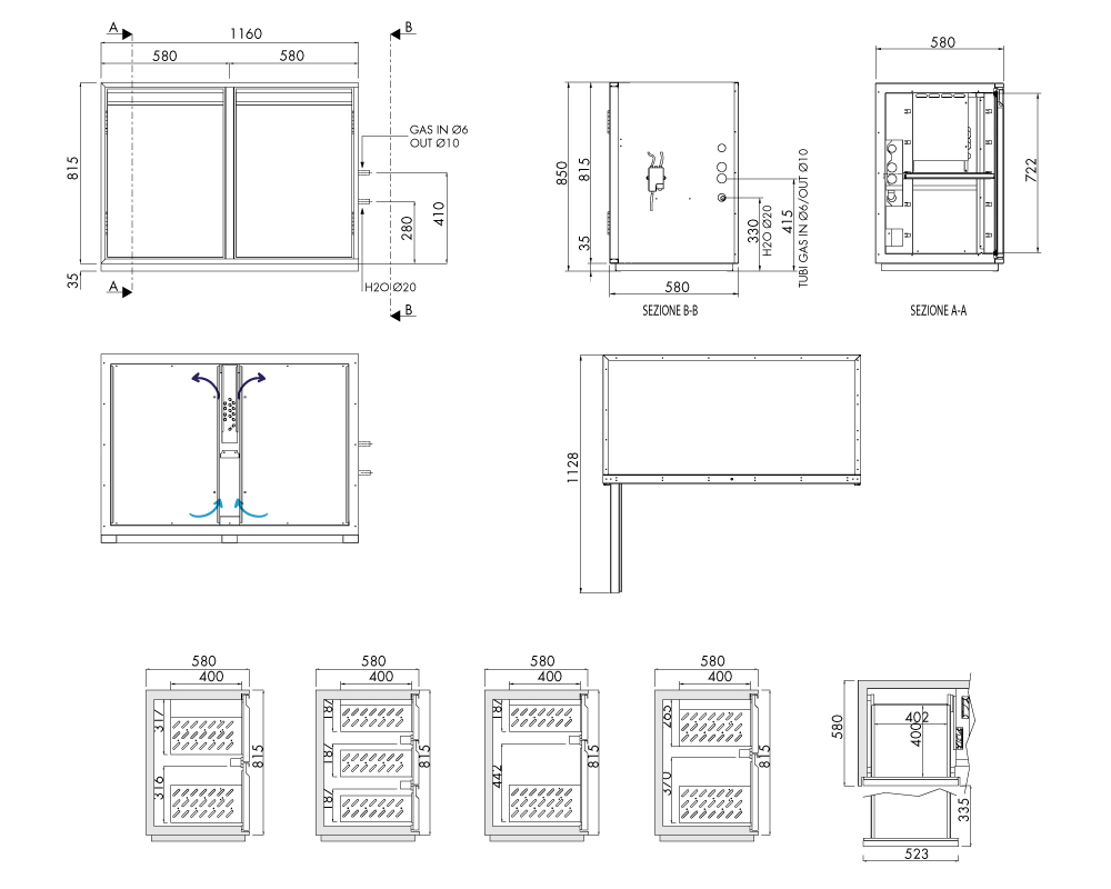 Getränkekühltisch AT, 2 Türen, H 815 × T 580 mm, ohne I-Fach – technische Zeichnung