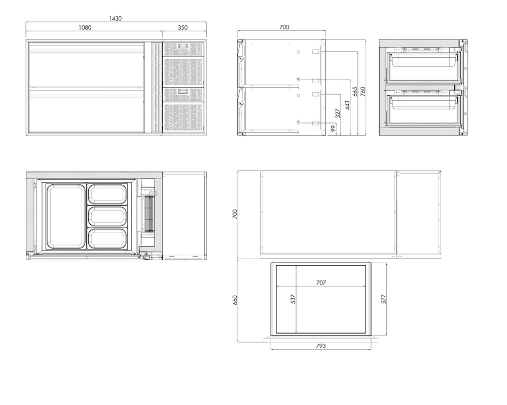 Speiseeis-Tiefkühlunterbau GN Premium, 2 Fächer, H 710 mm, steckerfertig – technische Zeichnung