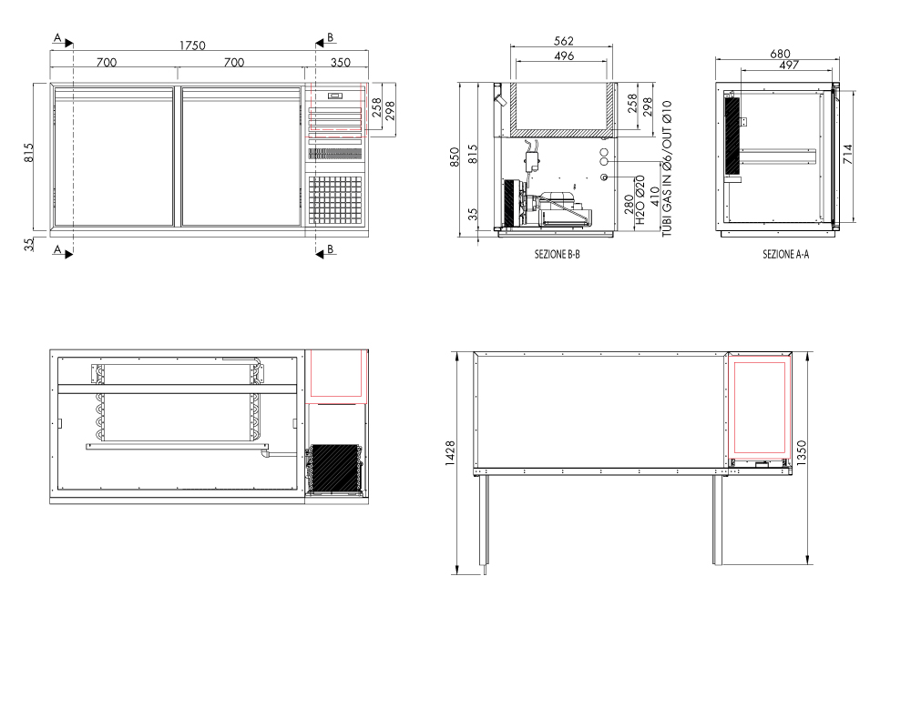 Fasskühltisch AT, 2 Fächer, H 815 × T 680 mm, steckerfertig, mit Flaschenkühlwanne FK8 (560 × 340 × 300 mm) mitgesteuert – technische Zeichnung