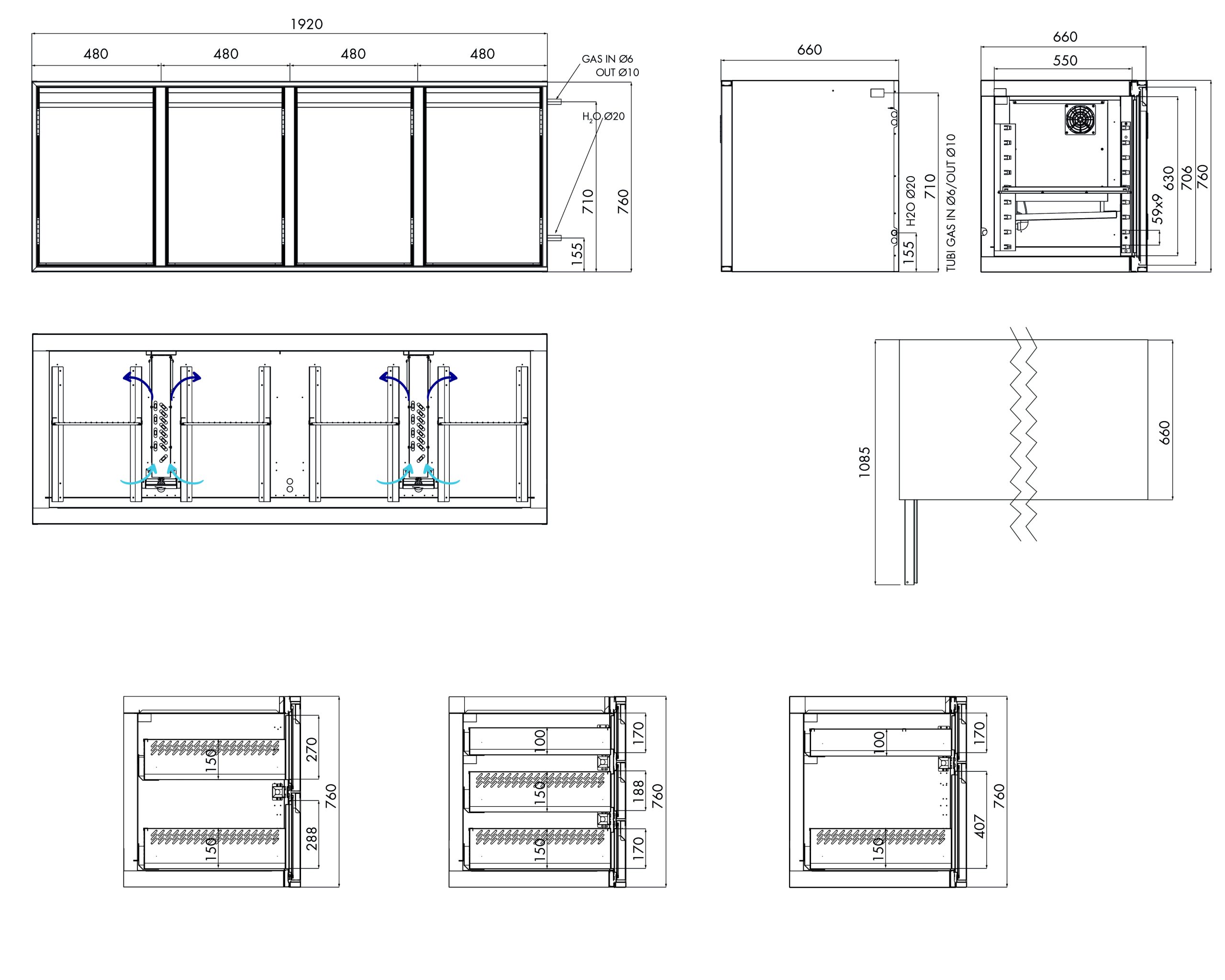 Tiefkühlunterbau GN Premium, 4 Türen, H 760 mm, ohne I-Fach – technische Zeichnung