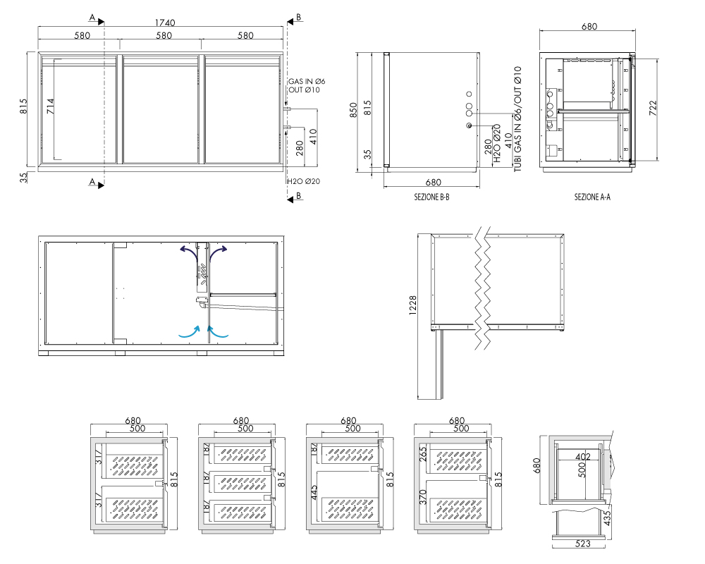 Getränkekühltisch AT, 3 Türen, H 815 × T 680 mm, ohne I-Fach – technische Zeichnung