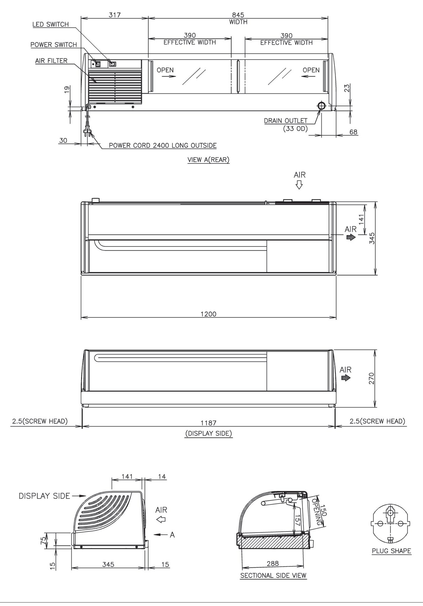 Sushi-Schauvitrine HOSHIZAKI HNC-120BE-R-BLH, 1200 mm breit, LED, Maschinenfach rechts