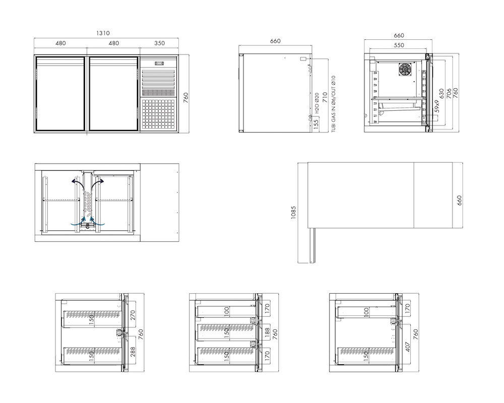 Tiefkühlunterbau GN Premium, 2 Türen, H 760 mm, steckerfertig – technische Zeichnung
