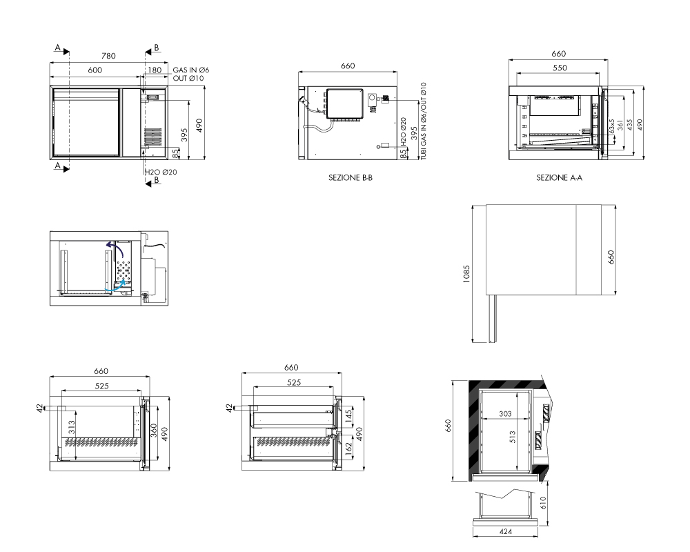 Tiefkühlunterbau GN Premium, 1 Tür, H 490 mm, zentralgekühlt – technische Zeichnung