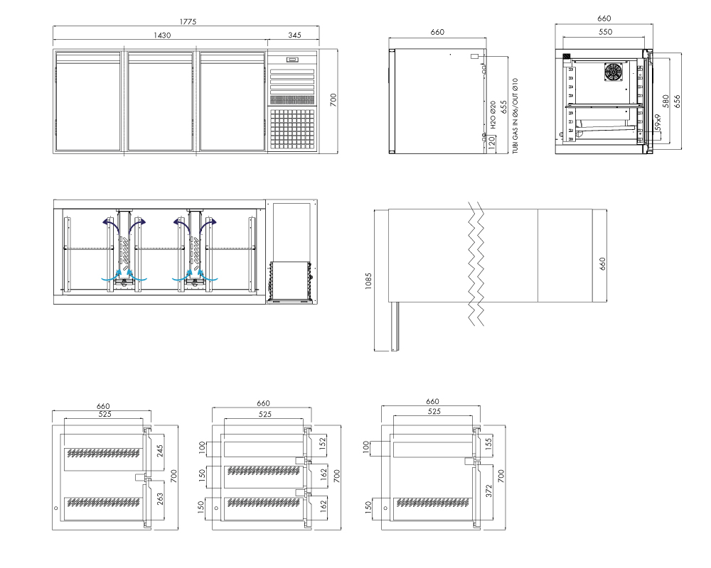 Tiefkühlunterbau GN Premium, 3 Türen, H 700 mm, steckerfertig – technische Zeichnung