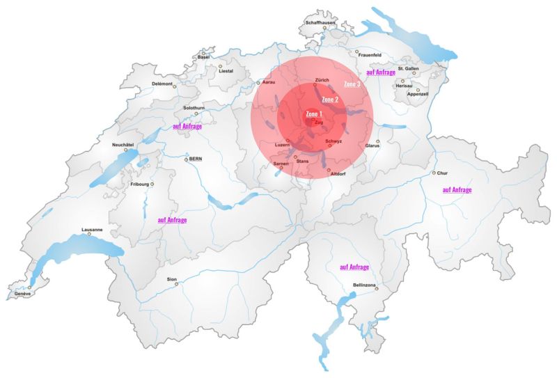 Schweizer Karte mit den Anfahrtszonen 1 bis 3 um Baar